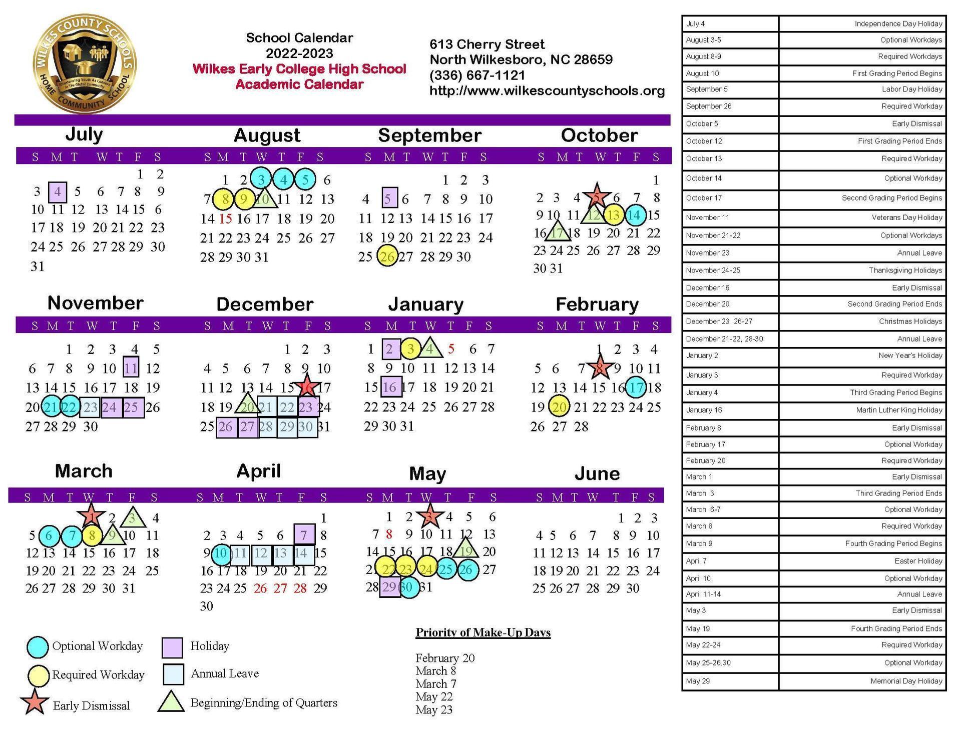 2022-2023 Calendar – Parents – Wilkes Early College High School 2022-2023 Calendar – Parents – Wilkes Early College High School