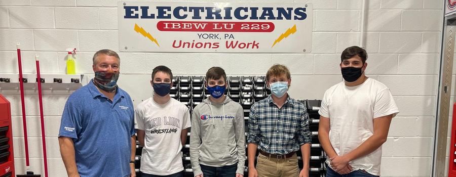 Day 1 Electrical Pre-Apprenticeship Program with Apprentice Instructor Scott Brenneman, Alex Kuehne, Austin Kuehne, Ian Stambaugh, and Naylor Stanley