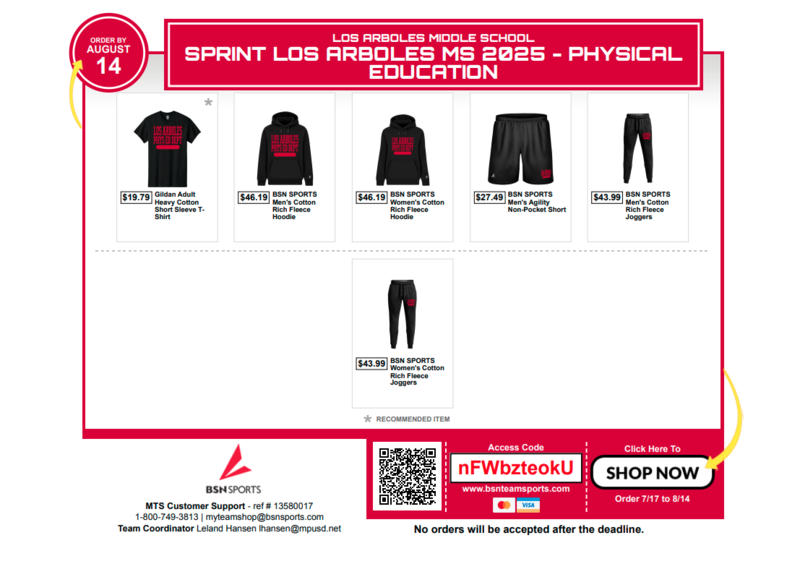 Get your PE Clothes at the Sprint Los Arboles MS 2025 - Physical Education My Team Shop by August 14th! https://bit.ly/3THVSGl