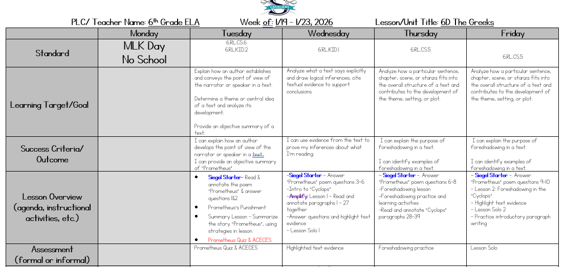 ELA Lesson Plans Jan 20 - 23