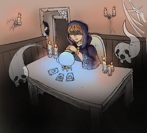 Student drawing of a young person sitting at a card table surrounded by ghosts