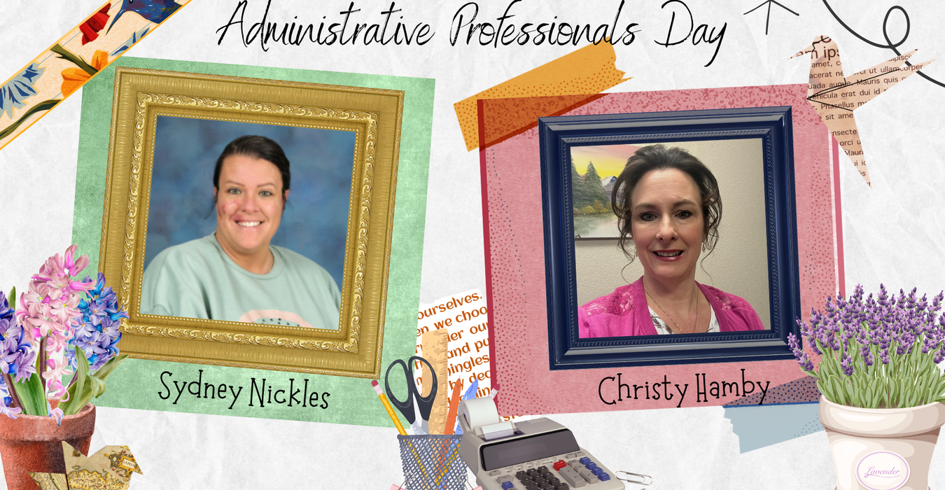 Two framed portraits of women alongside flowers and office supplies celebrating Administrative Professionals Day.