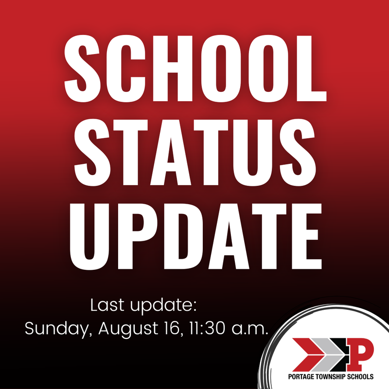 Red and black background with school status update in white