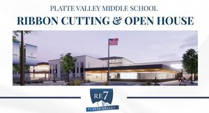 New middle school graphic of front entrance with Bronco banners and an American flag