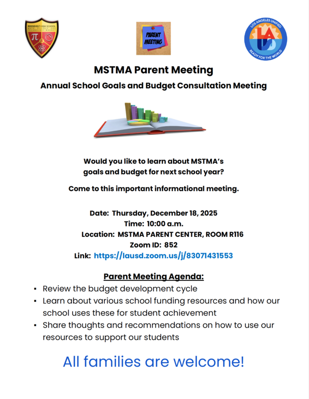 "Flyer for MSTMA Parent Meeting on Annual School Goals and Budget Consultation – December 18, 2025"