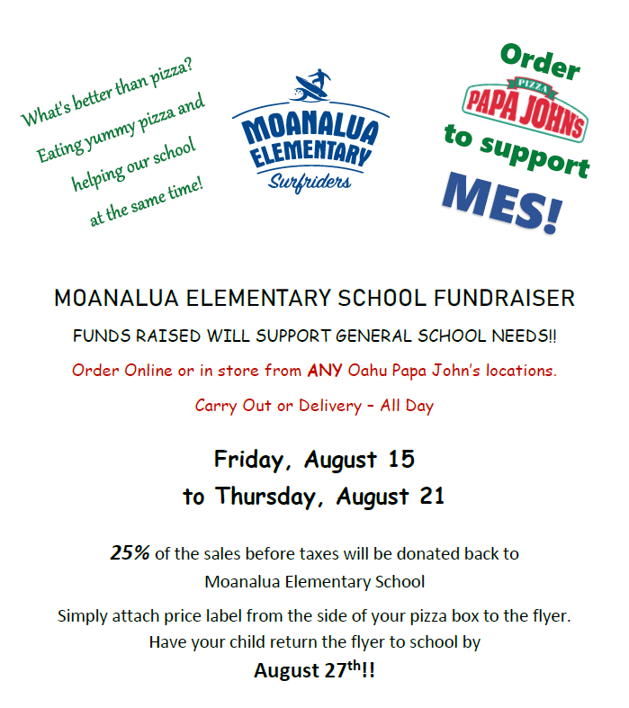 Papa John's Fundraiser from 8/15-8/21/25