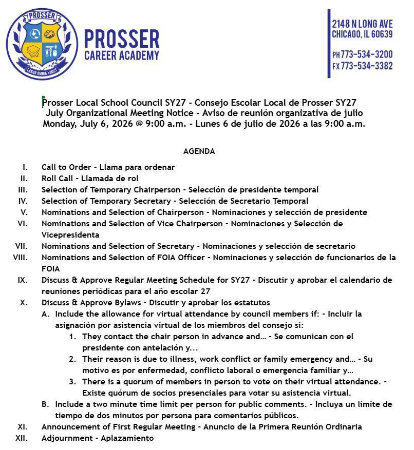 This is the meeting notice and agenda for the July 2026 organizational meeting of the Prosser LSC. 