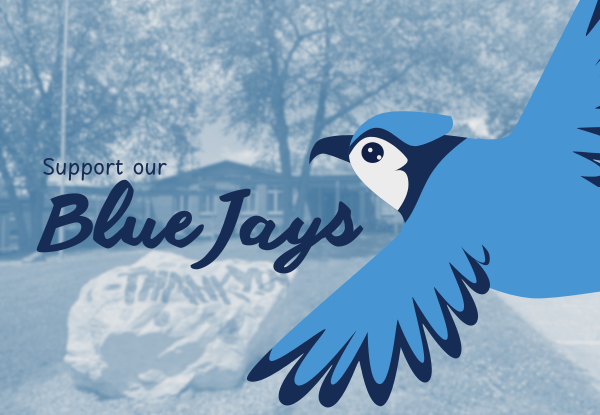 Cartoon blue jay on image of school. Blue text reads 