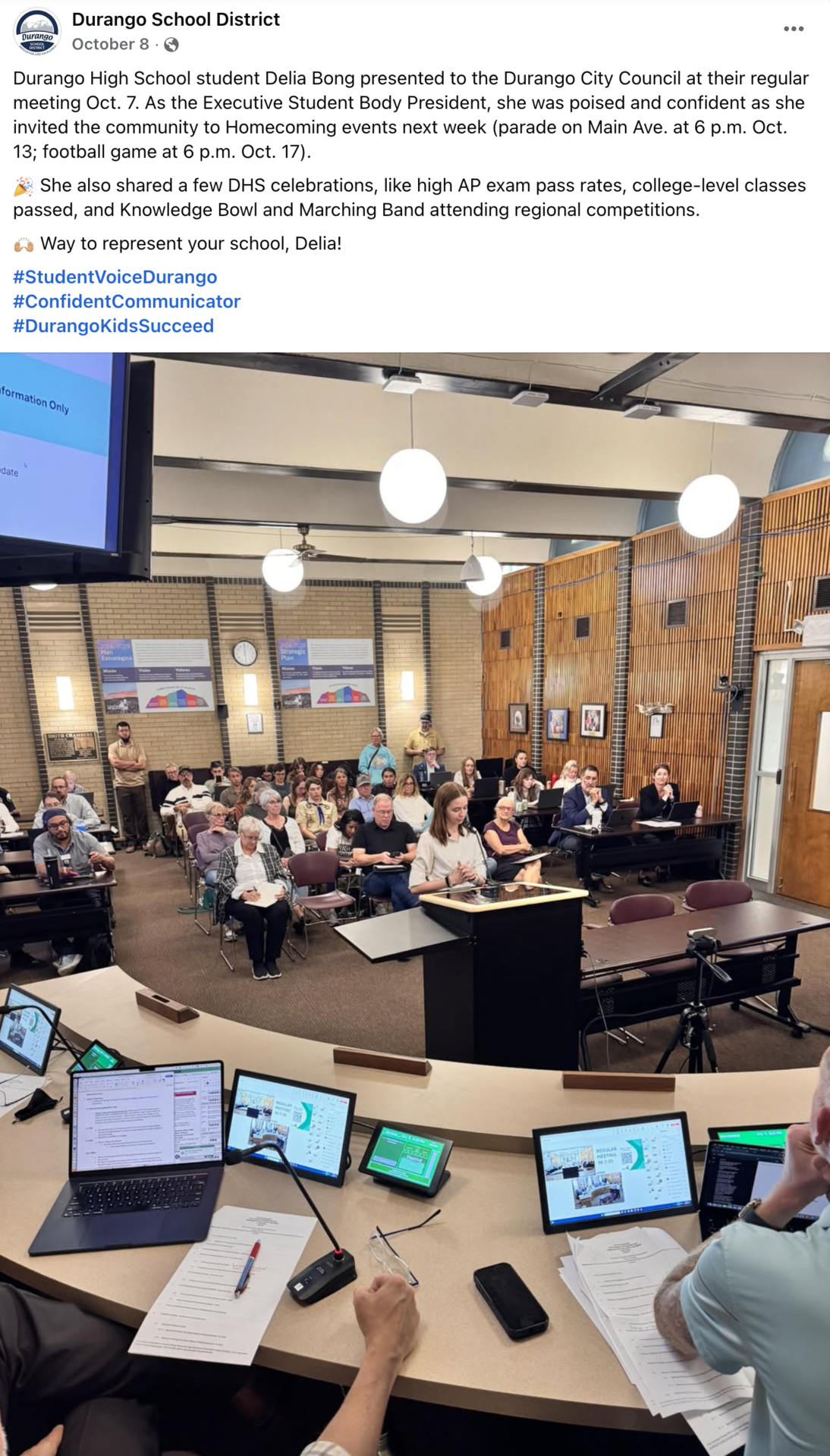 Facebook post showing a high-school student speaking to the Durango City Council