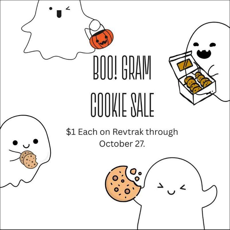 Image of four cartoon ghosts holding cookies and a pumpkin bag. Text reads, 