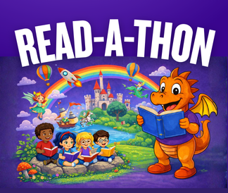 Read-a-thon with illustration of dragon and children reading and whimsical elements