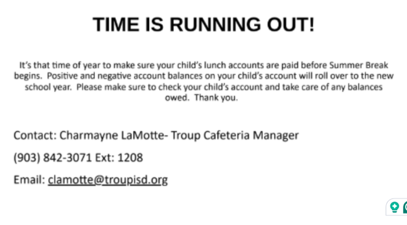 TES cafeteria remind to pay accounts