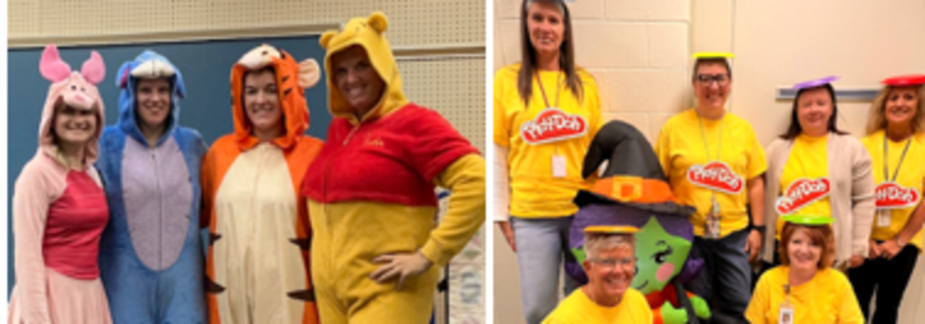 Group of people in colorful costumes and Play-Doh themed outfits smiling together.