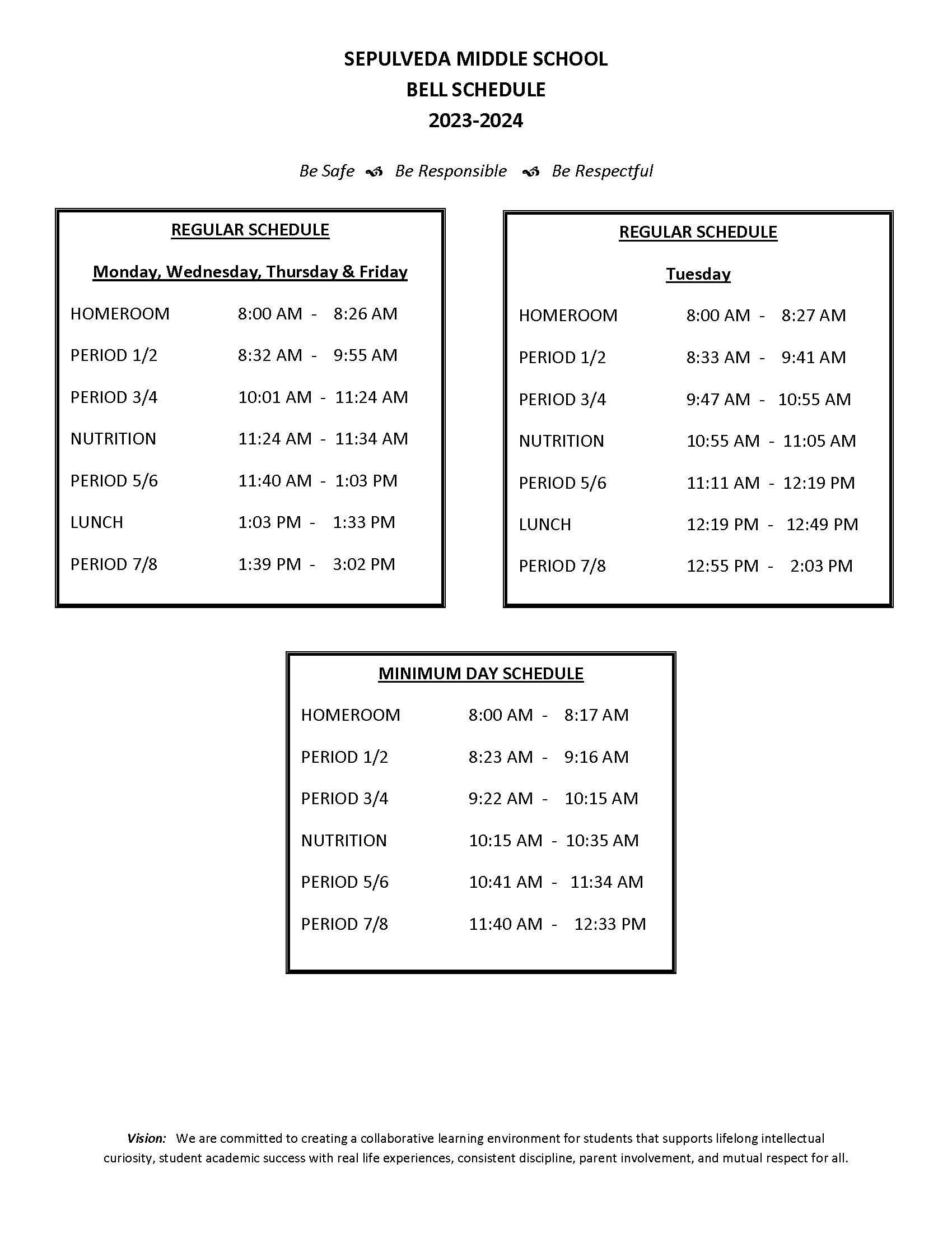 Bell Schedule Students Francisco Sepulveda Middle School