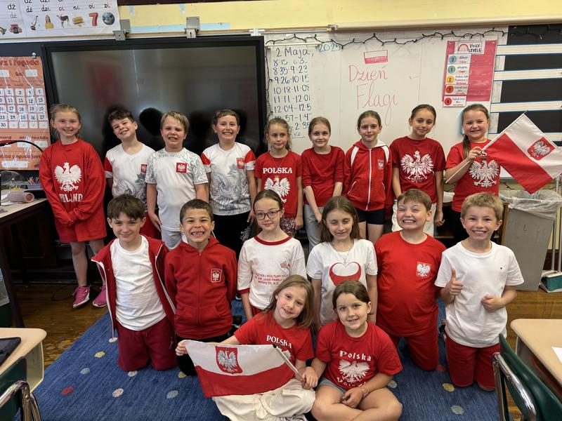 Students wearing red to celebrate their polish heritage.