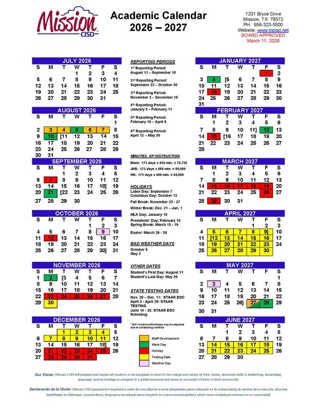 2026-2027 Mission CISD School Calendar