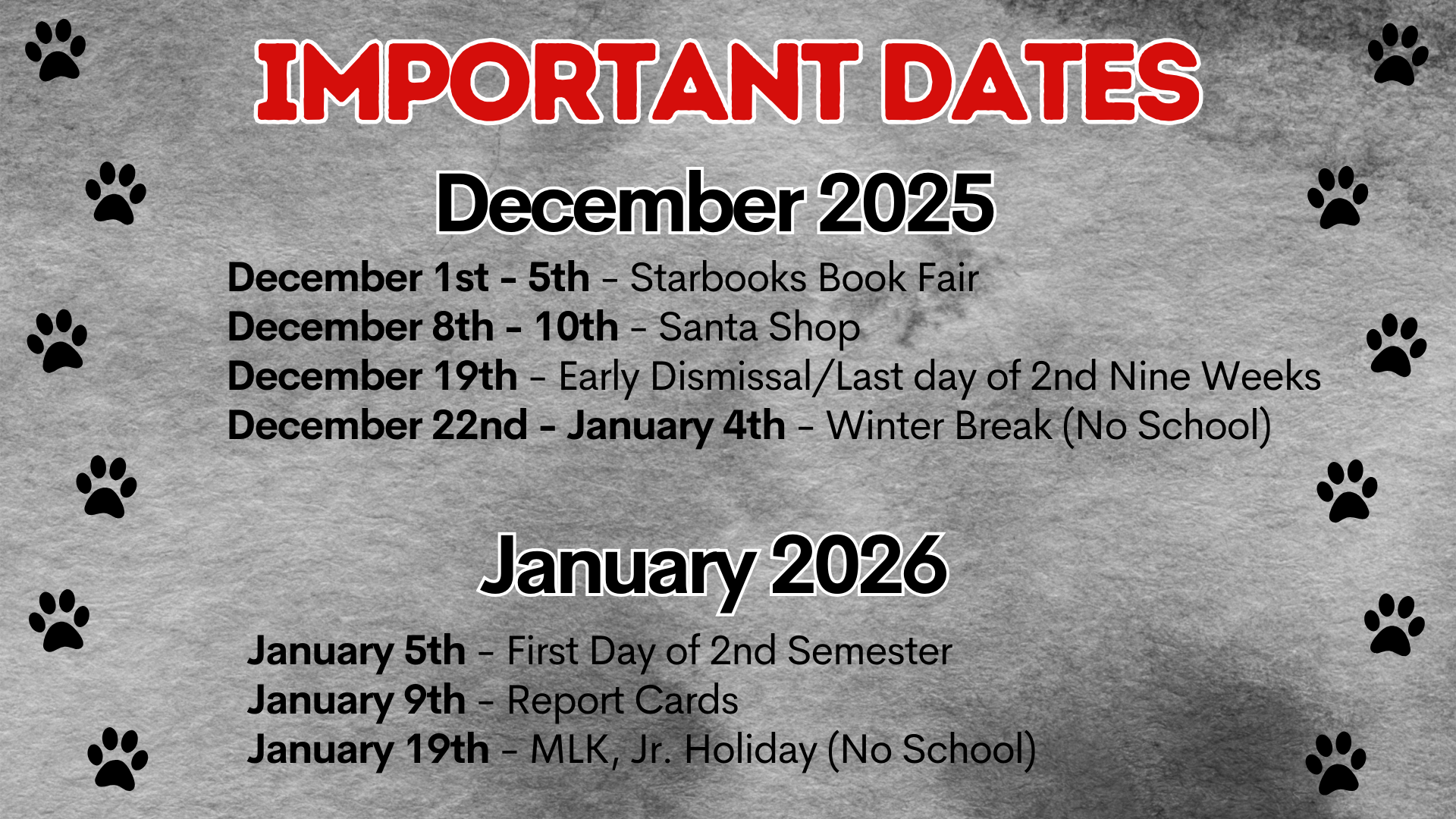 List of important school dates for December 2025 and January 2026.