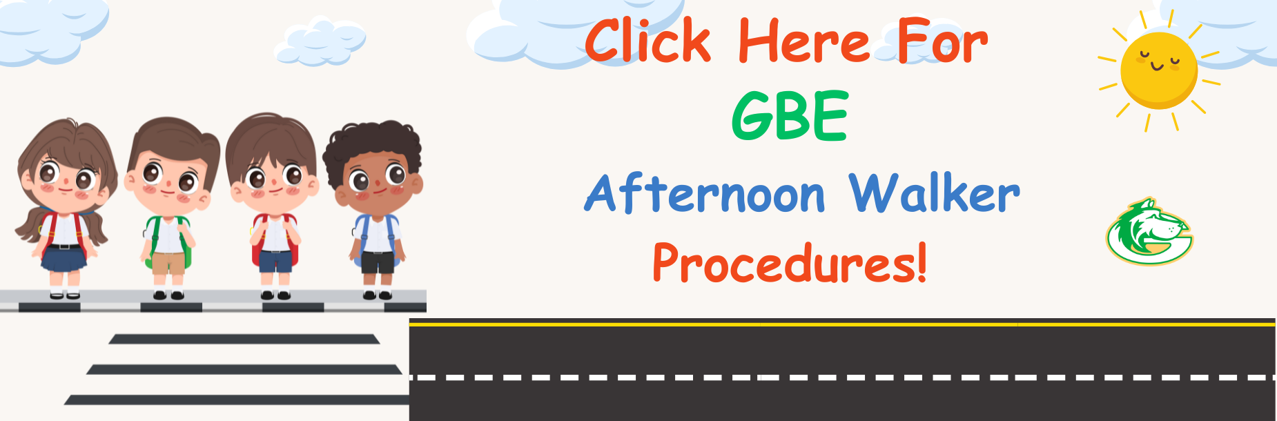 Four cartoon children waiting at a crosswalk with a sun and text about procedures.