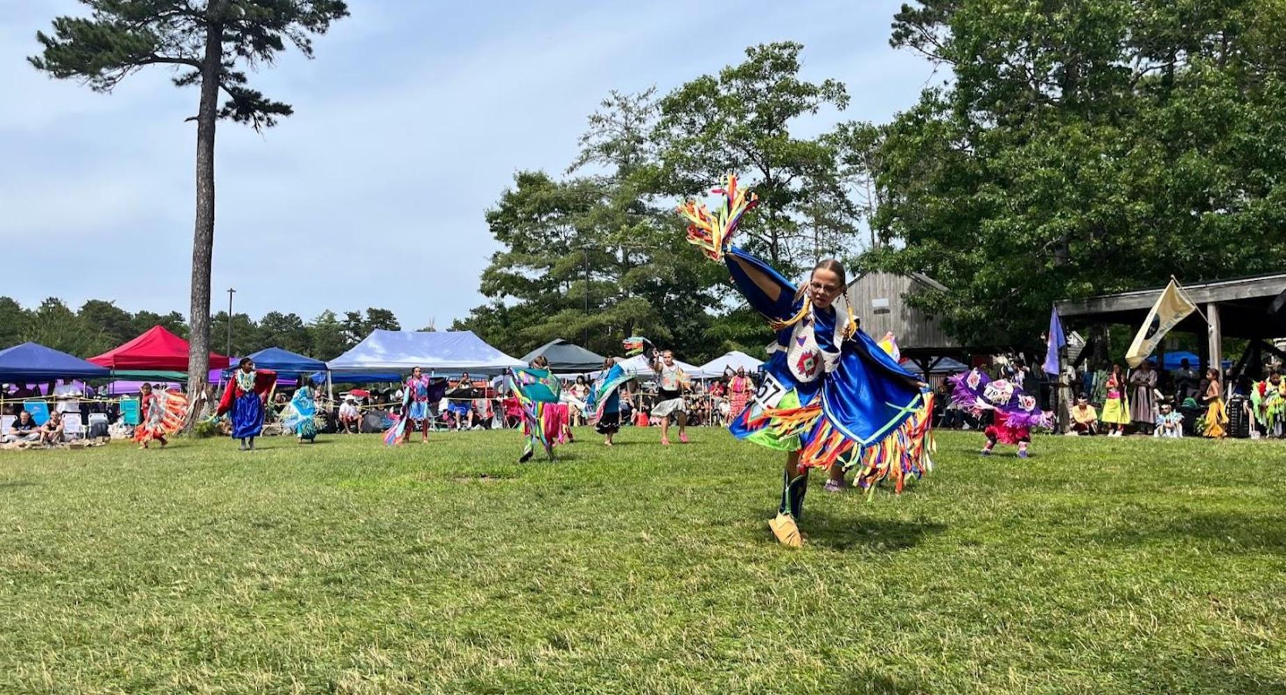 Dancers in vibrant costumes perform on a grassy field during a festival.