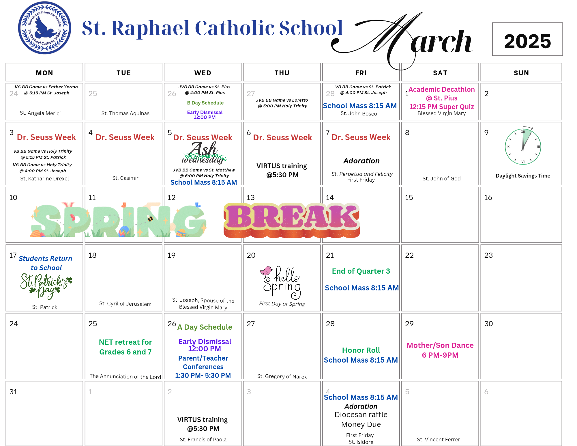 Calendar Families St Raphael Catholic School