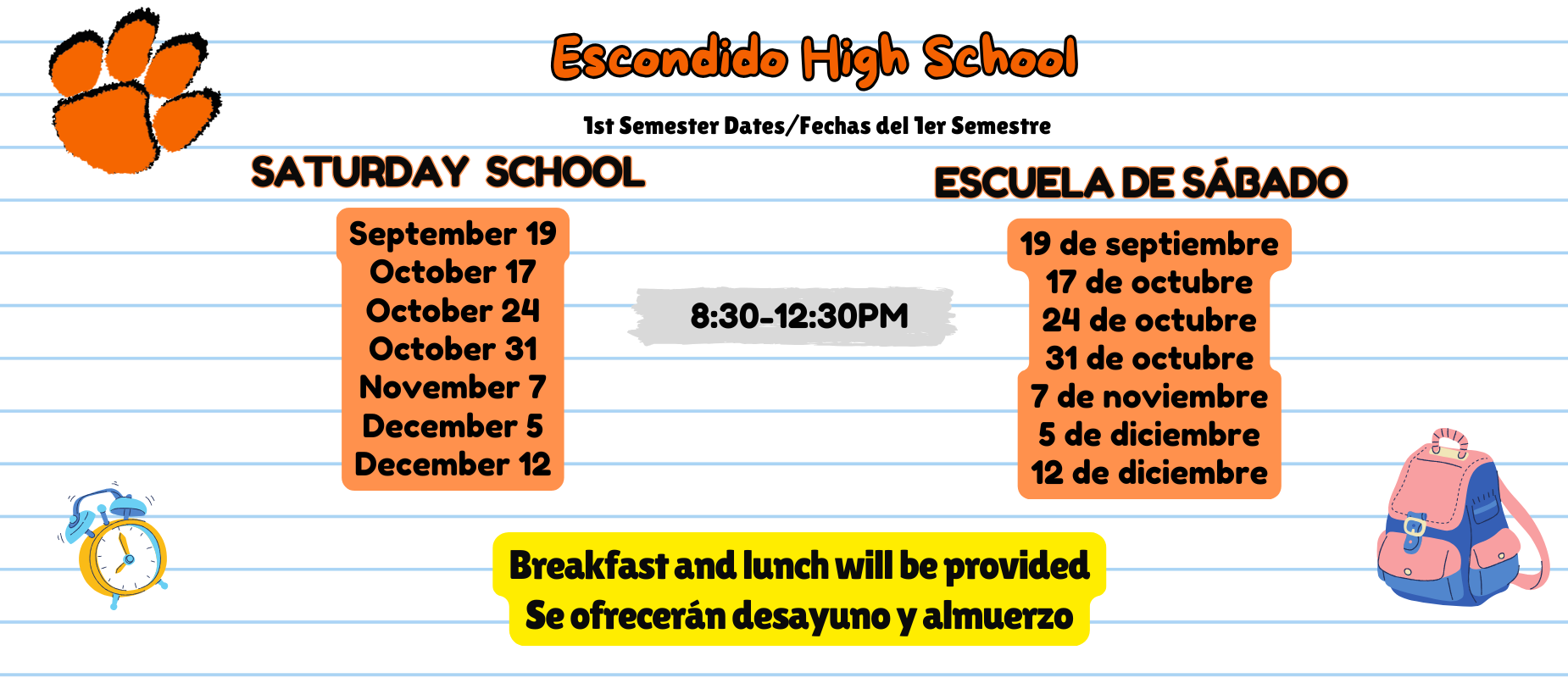 Schedule for Saturday school at Escondido High School with dates and times.