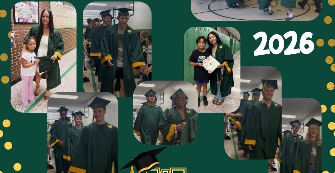 Graduates participating in activities with colorful parachutes and awards in a school setting.