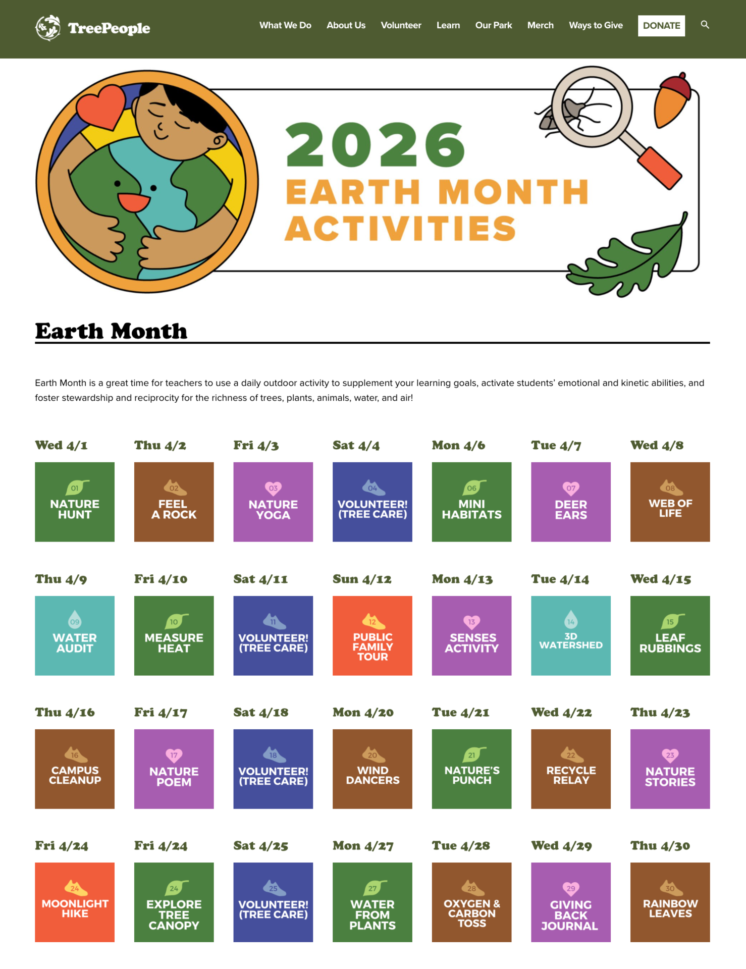 Tree People Earth Month Calendar