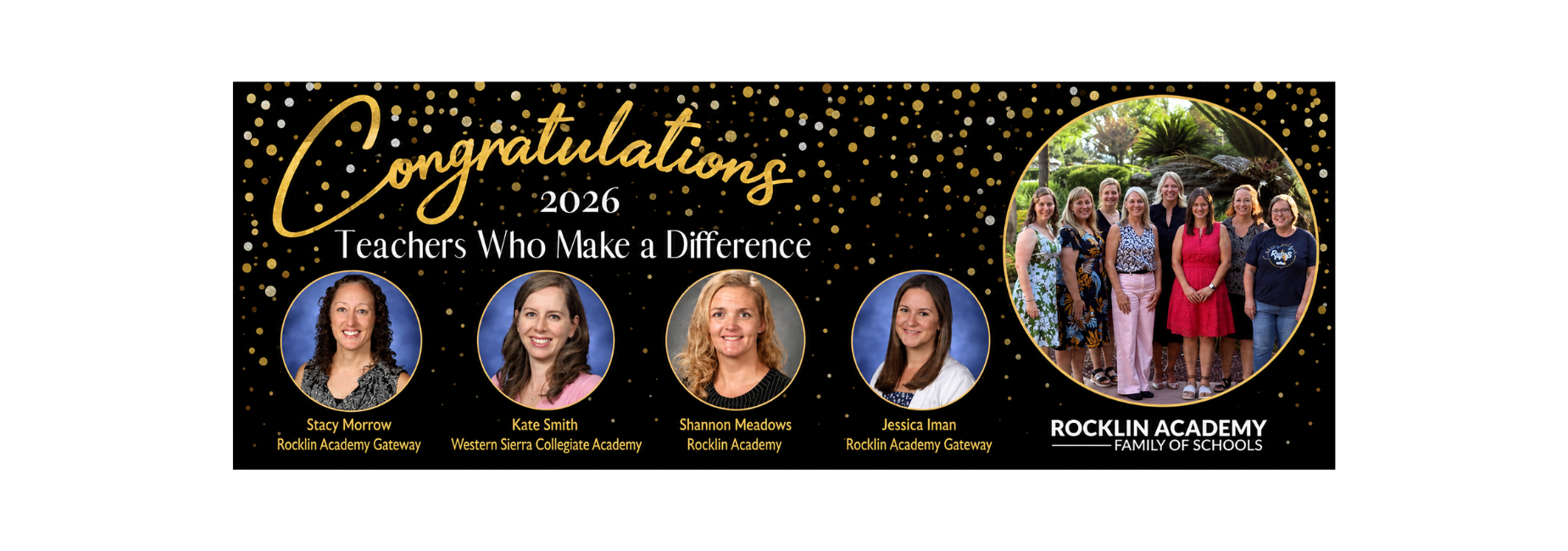 Banner celebrating 2026 teachers with photos and names of five honorees.