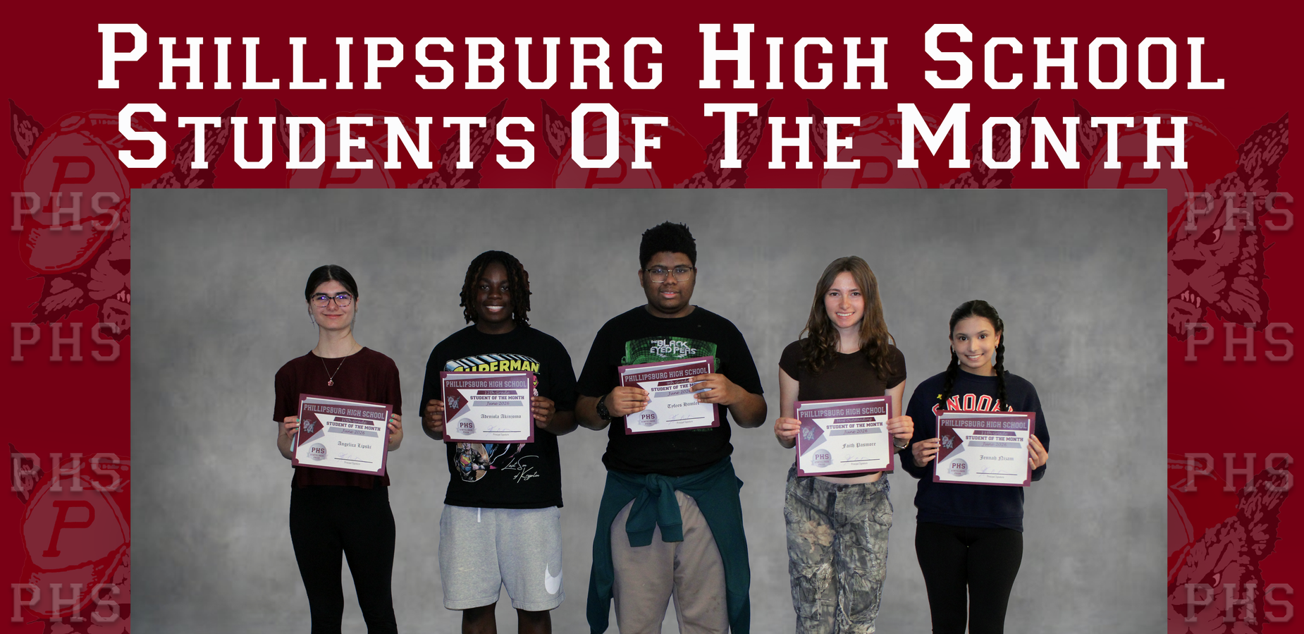 Five students holding certificates, standing in front of a gray background.