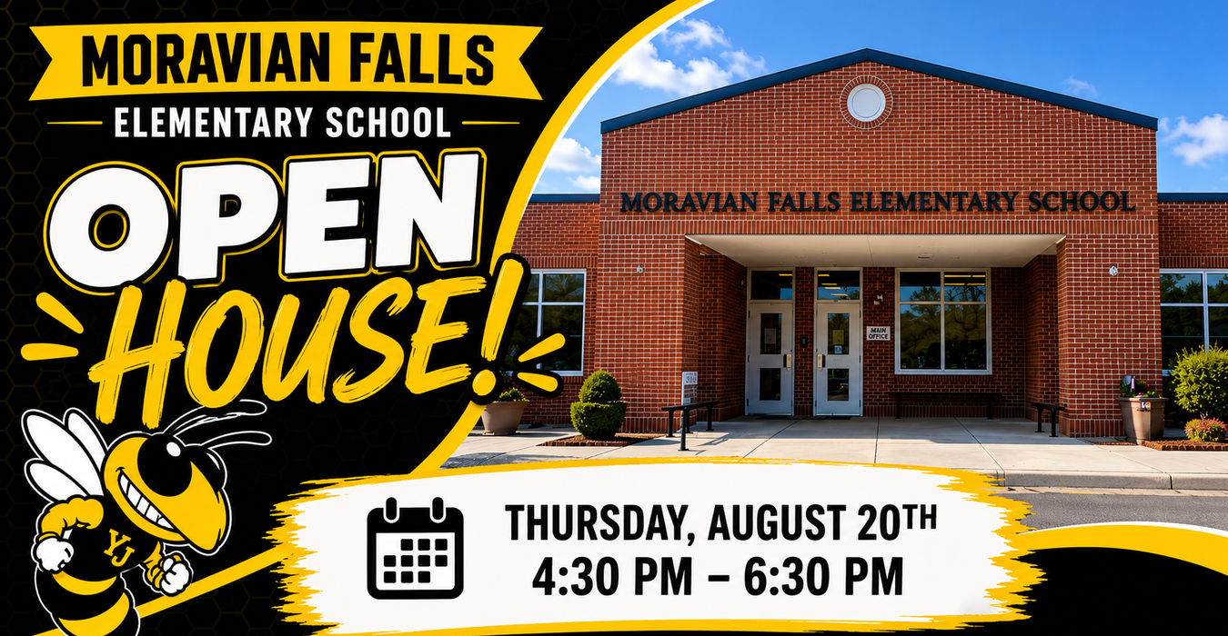 Exterior view of Moravian Falls Elementary School with an Open House announcement.