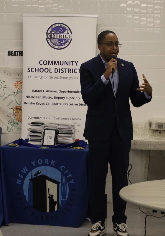 NYS Senator Zellnore Myrie addressing our Middle School students