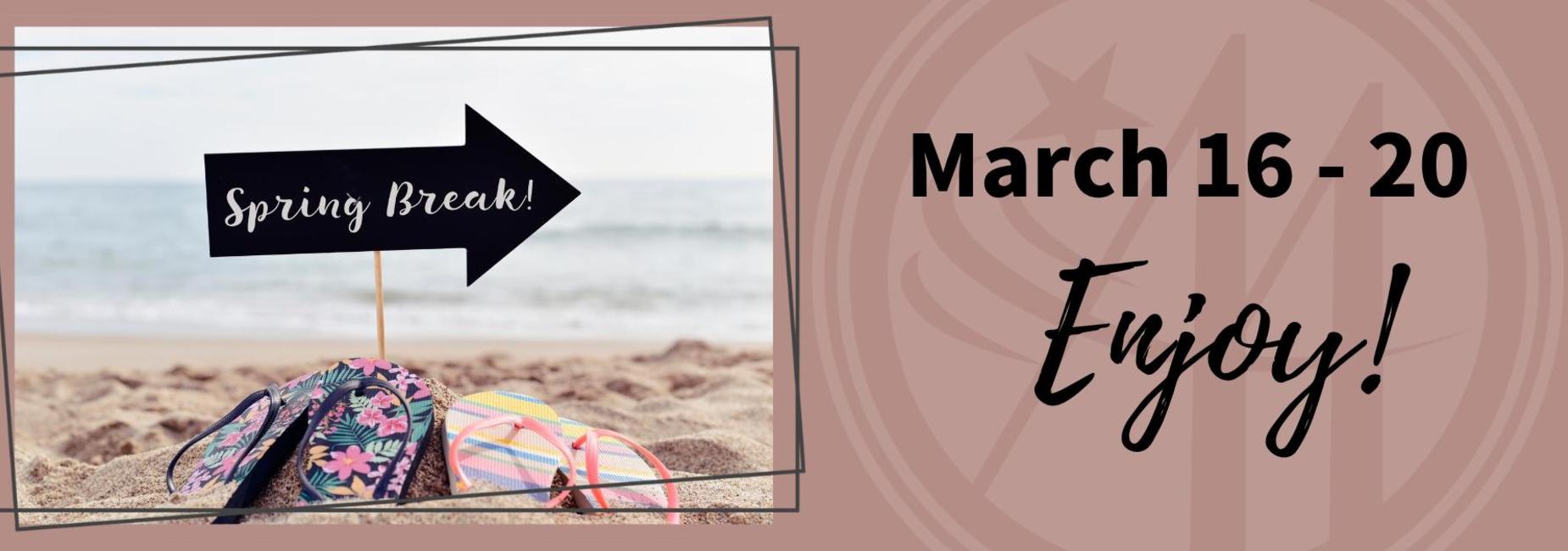 Spring break sign on the beach with flip-flops and ocean background.