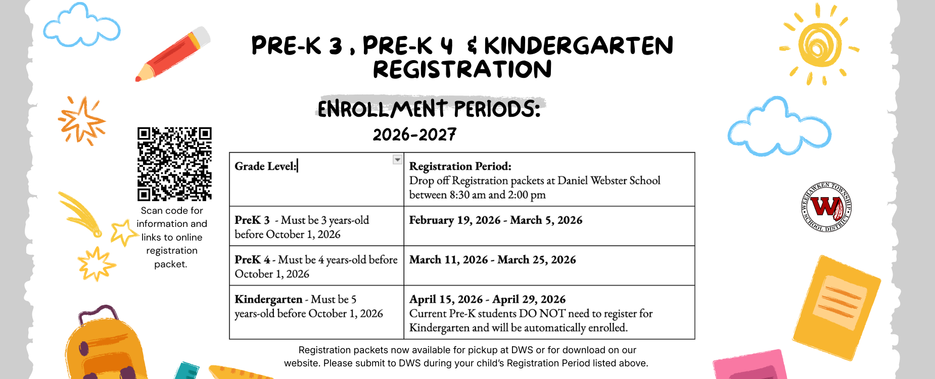 PreK 3, PreK 4 and Kindergarten Registration Enrollment Periods 2026-2027
PreK 3 - February 19th - March 5th
PreK 4 - March 11th - March 25th
Kindergarten - April 15th - April 29th