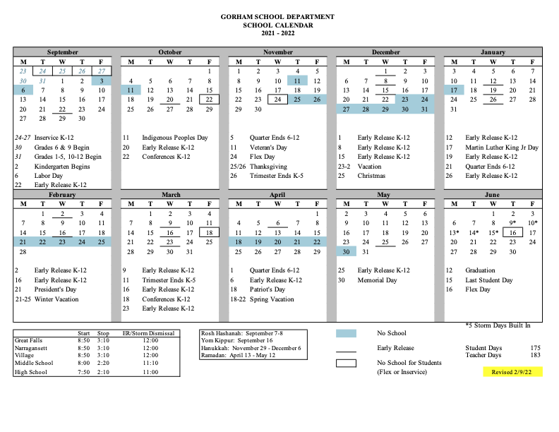 School Calendar – District Information – Gorham School District