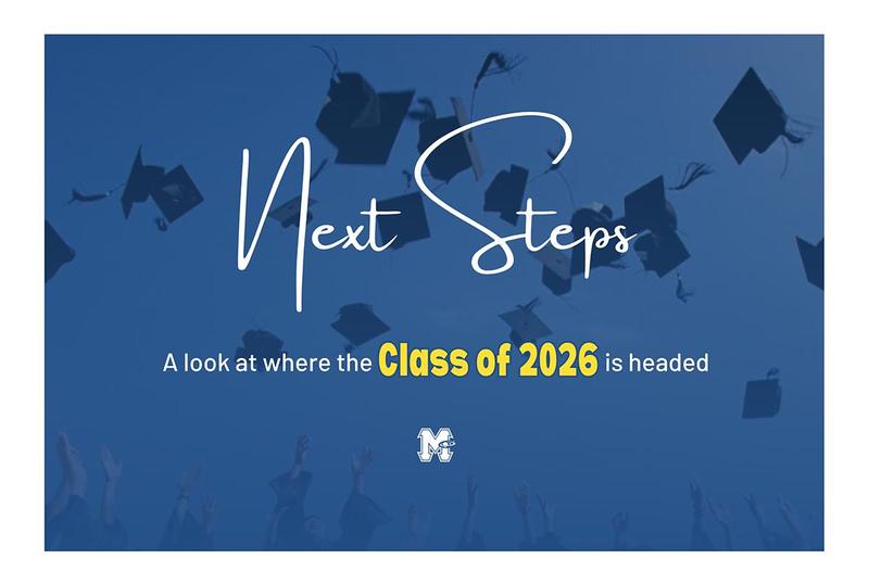 Graduating students celebrating with caps in the air and text about their next steps.