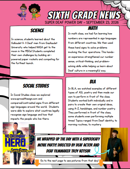 Colorful newsletter featuring sections on science, social studies, and BLA activities.