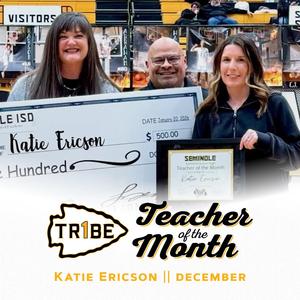 Katie Ericson Accepting her Teacher of the Month Award with Abi Adam and Richard Rosales