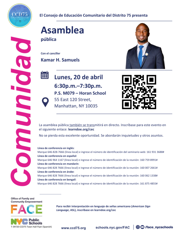 Flyer containing information for event with NYC Chancellor - Spanish