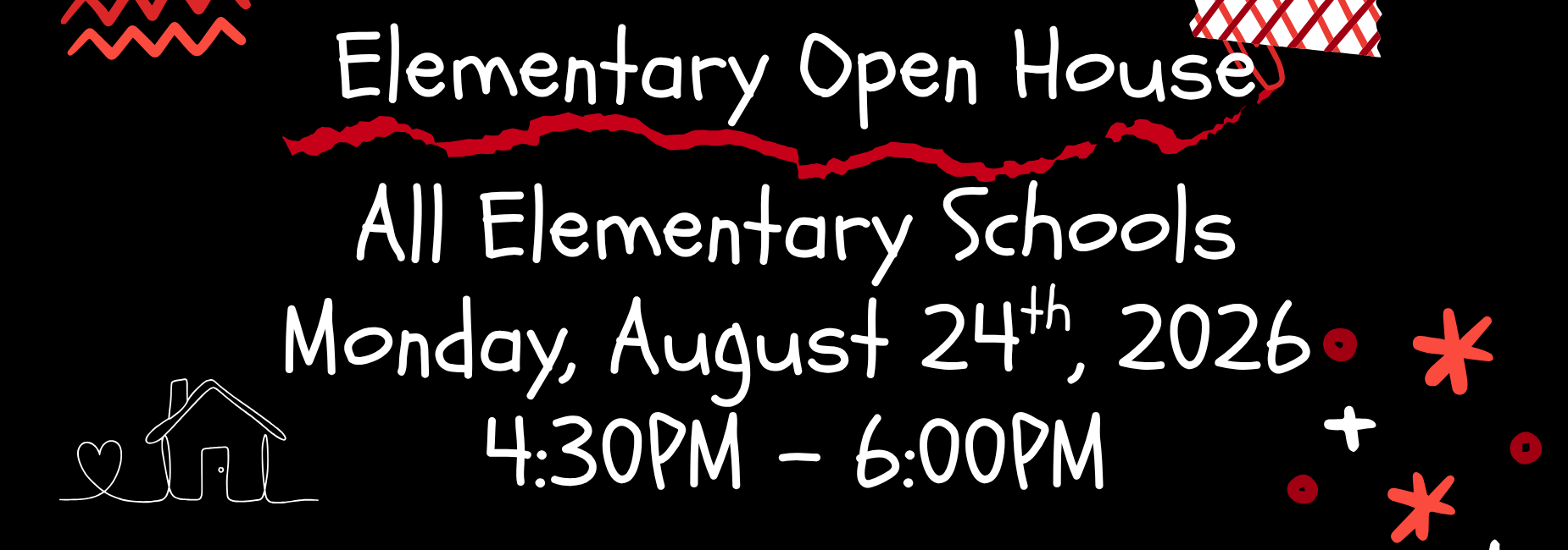 Invitation to an elementary open house with details on date and time, featuring fun designs.