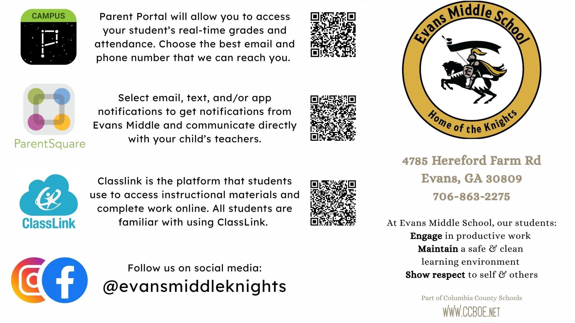 Informational flyer for Evans Middle School with QR codes and contact details.