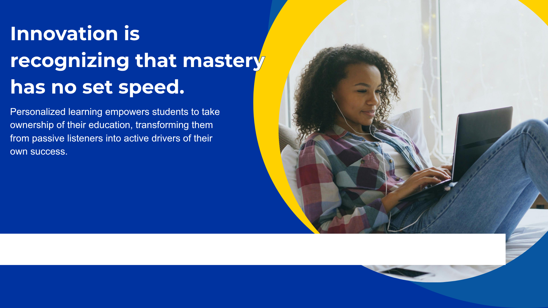 Young woman on a laptop, listening and participating in her studies.