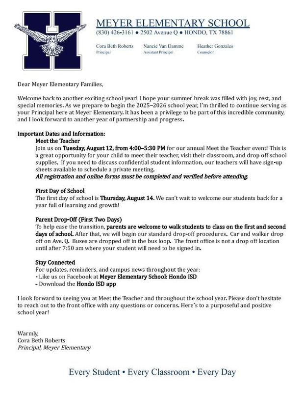 Back to School Letter for Meyer families!