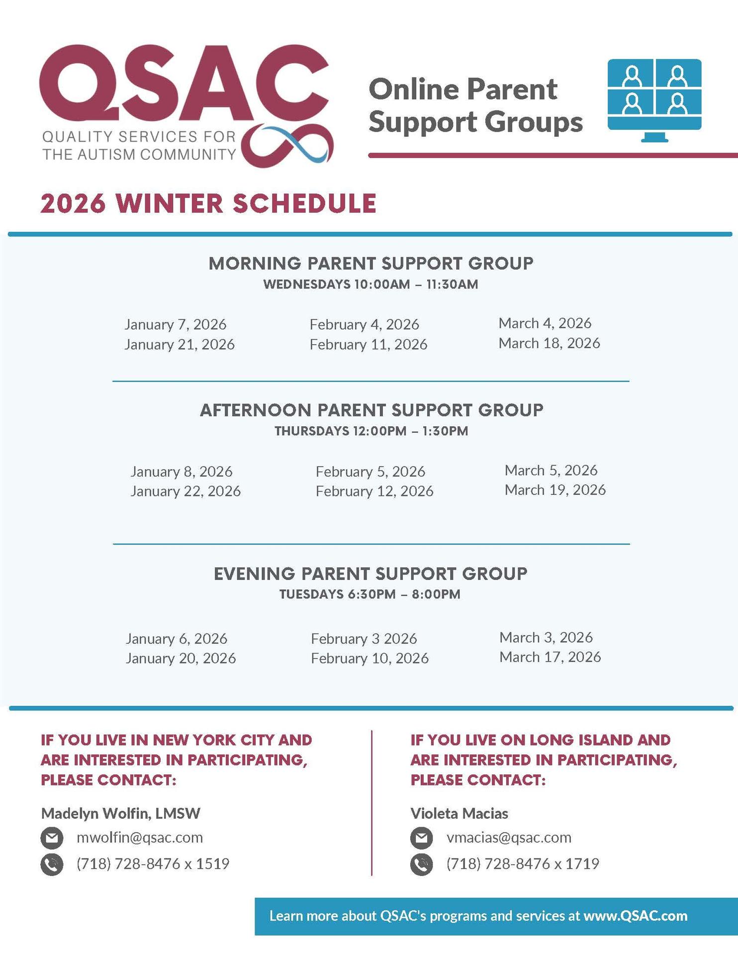 Flyer that has information about QSAC Fall Online Parent Support Groups