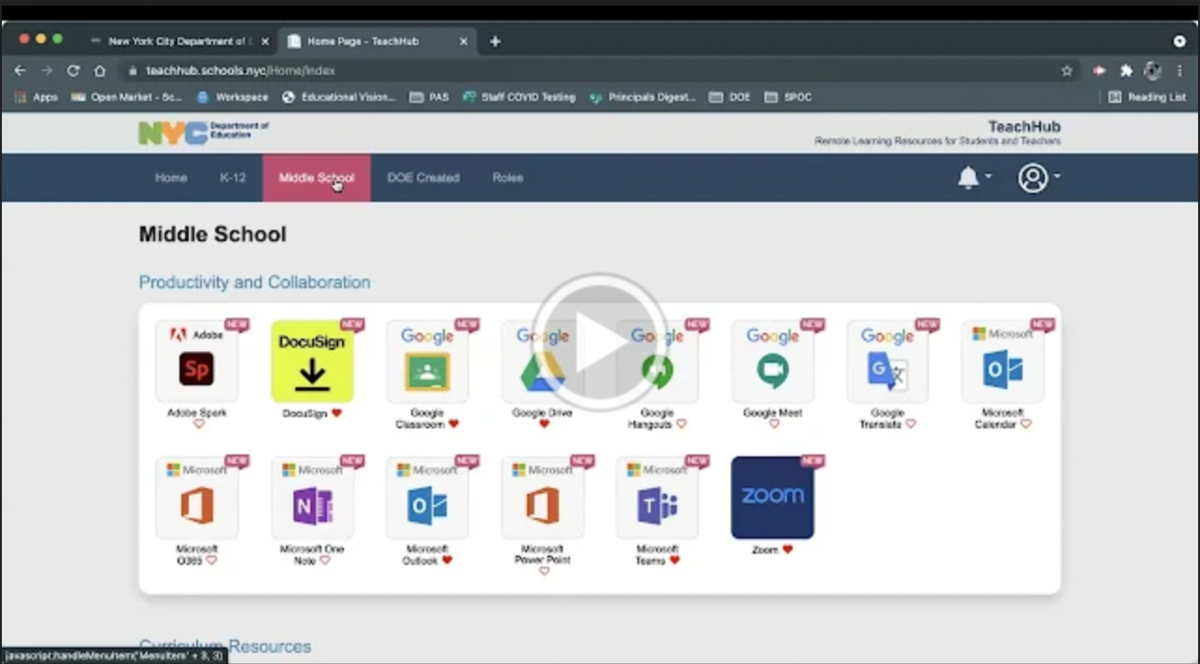 Website interface displaying middle school productivity tools and resources.