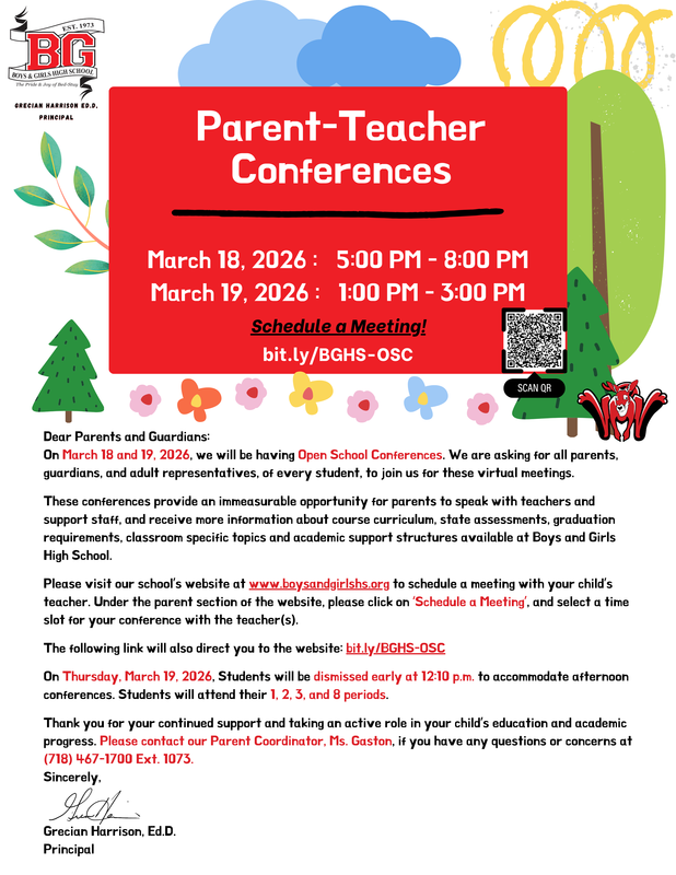 BGHS Conferences Mar 18-19. Schedule: bit.ly/BGHS-OSC. Mar 19 early dismissal.