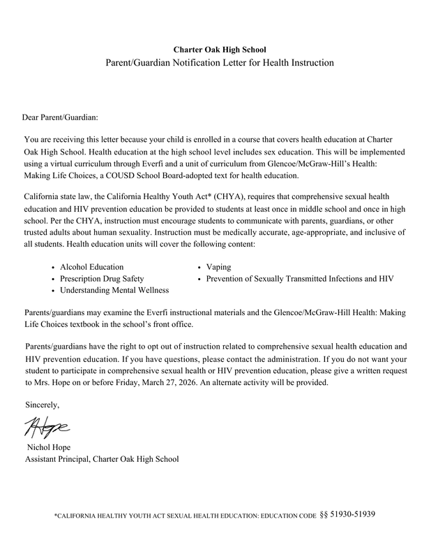 COHS Health Instruction Parent Letter