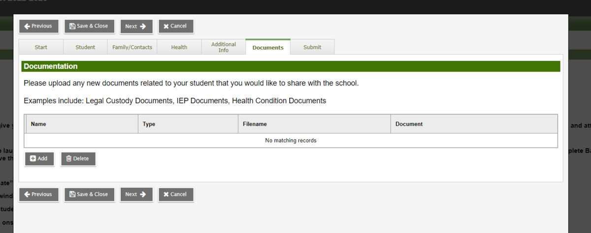 ASPEN Back to School form: Documents Tab