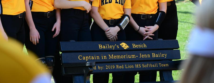Dedication of Bailey's Bench at the April 6, 2021 Varsity softball game. The bench was placed in memory of Jenn Bailey a member of the softball team from 2004-2006.