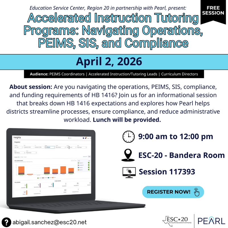Accelerated Instruction Tutoring Programs: Navigating Operations, PEIMS, SIS, and Compliance, April, 2, Session #117393, Register now!