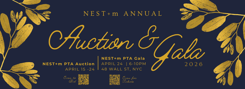 Banner with floral motif announcing the NEST+m PTA Gala & Auction on 4/24.